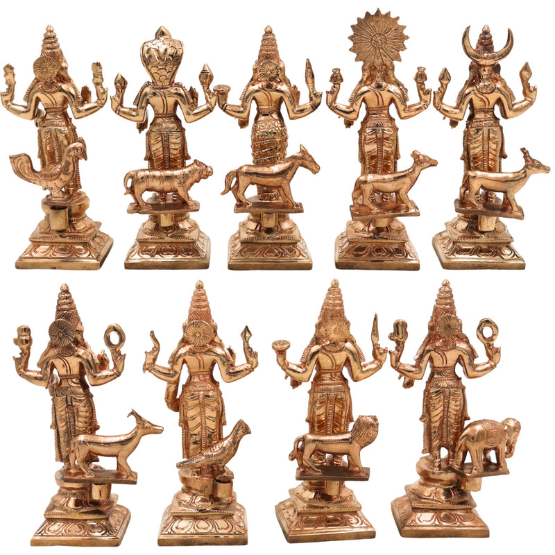 Handcrafted Bronze Panchaloha Navagraha Idol Set, Nava Graha Devata, 9 Planetary Gods, Graha Shanti Vastu Remedy Sculpture,Gold, 6.5 Inch, 1 Piece