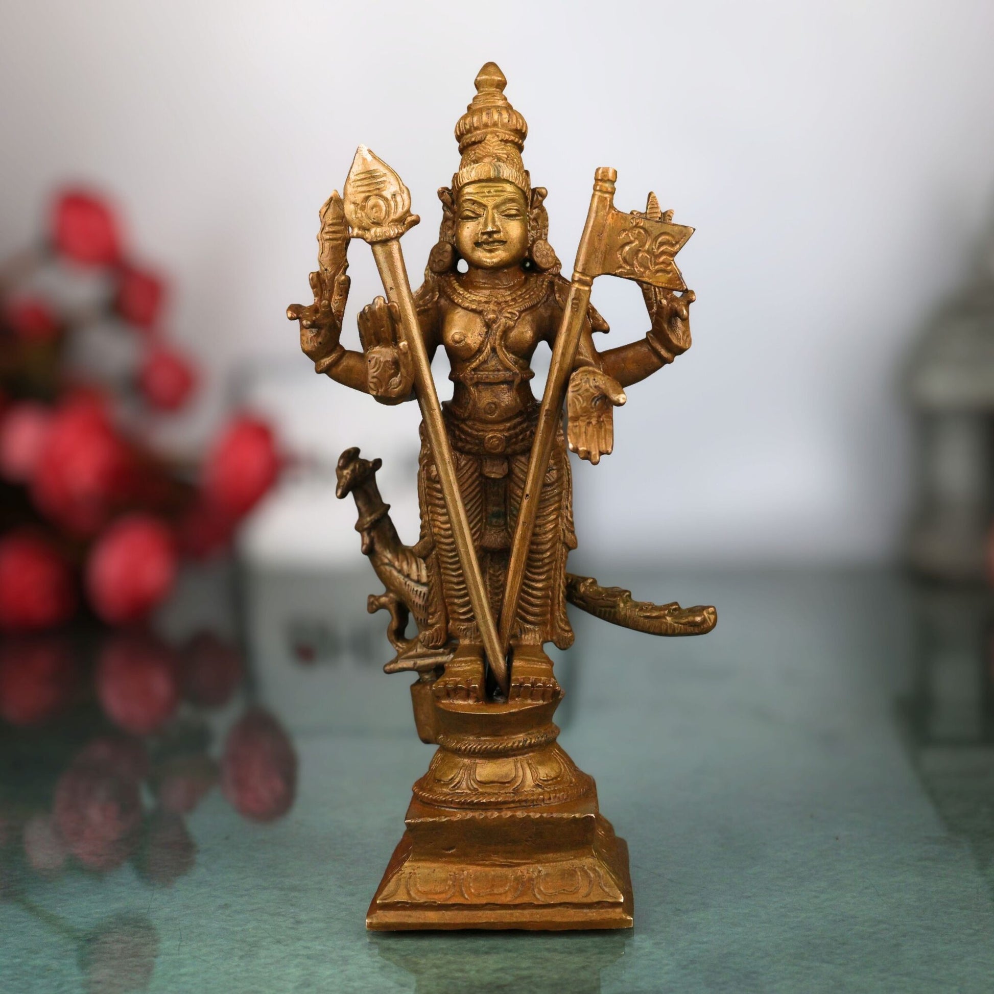 Bronze Lord Murugan Idol, Handcrafted Subramanya Kartikeya Murti for Pooja, Temple & Home Decor, Brown, 6.5 Inch, 1 Piece