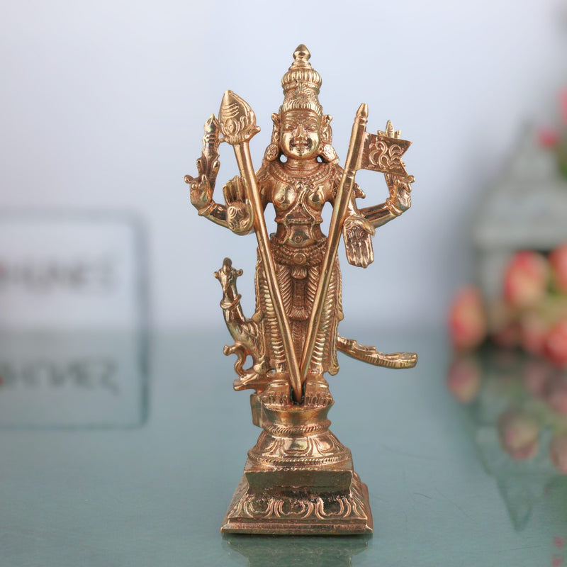 Bronze Handcrafted Murugan Idol | Panchaloha Skanda Statue | Kartikeya / Subramanya / Shanmuga | South India Art, Brown, 6.5 Inch, 1 Piece