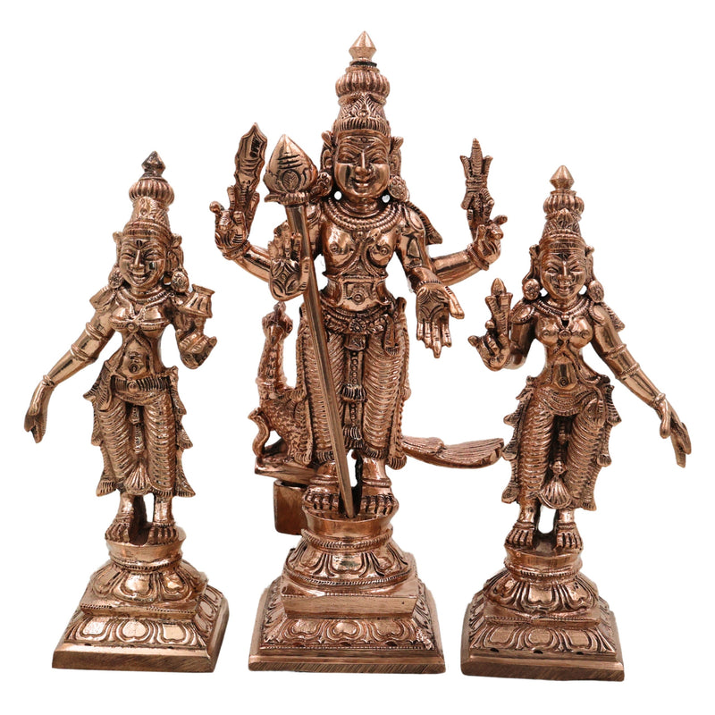 Bronze Panchaloha Murugan Idol with Devasena & Valli – Lord Bronze Panchaloha Murugan IdolVel Murugan Statue – Handcrafted Chola Art Sculpture,Gold, 6.5 Inch, 1 Piece
