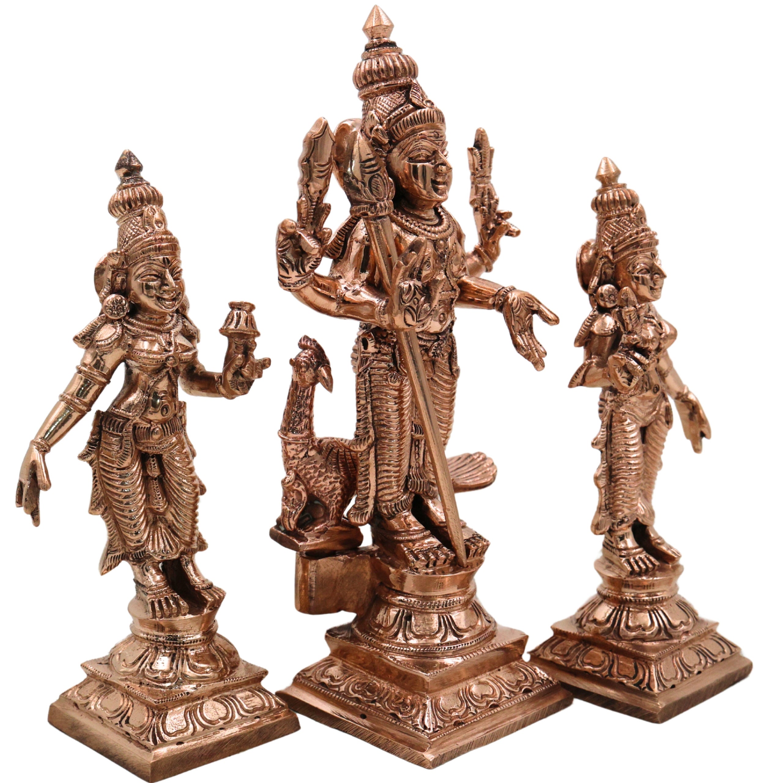 Bronze Panchaloha Murugan Idol with Devasena & Valli – Lord Bronze Panchaloha Murugan IdolVel Murugan Statue – Handcrafted Chola Art Sculpture,Gold, 6.5 Inch, 1 Piece