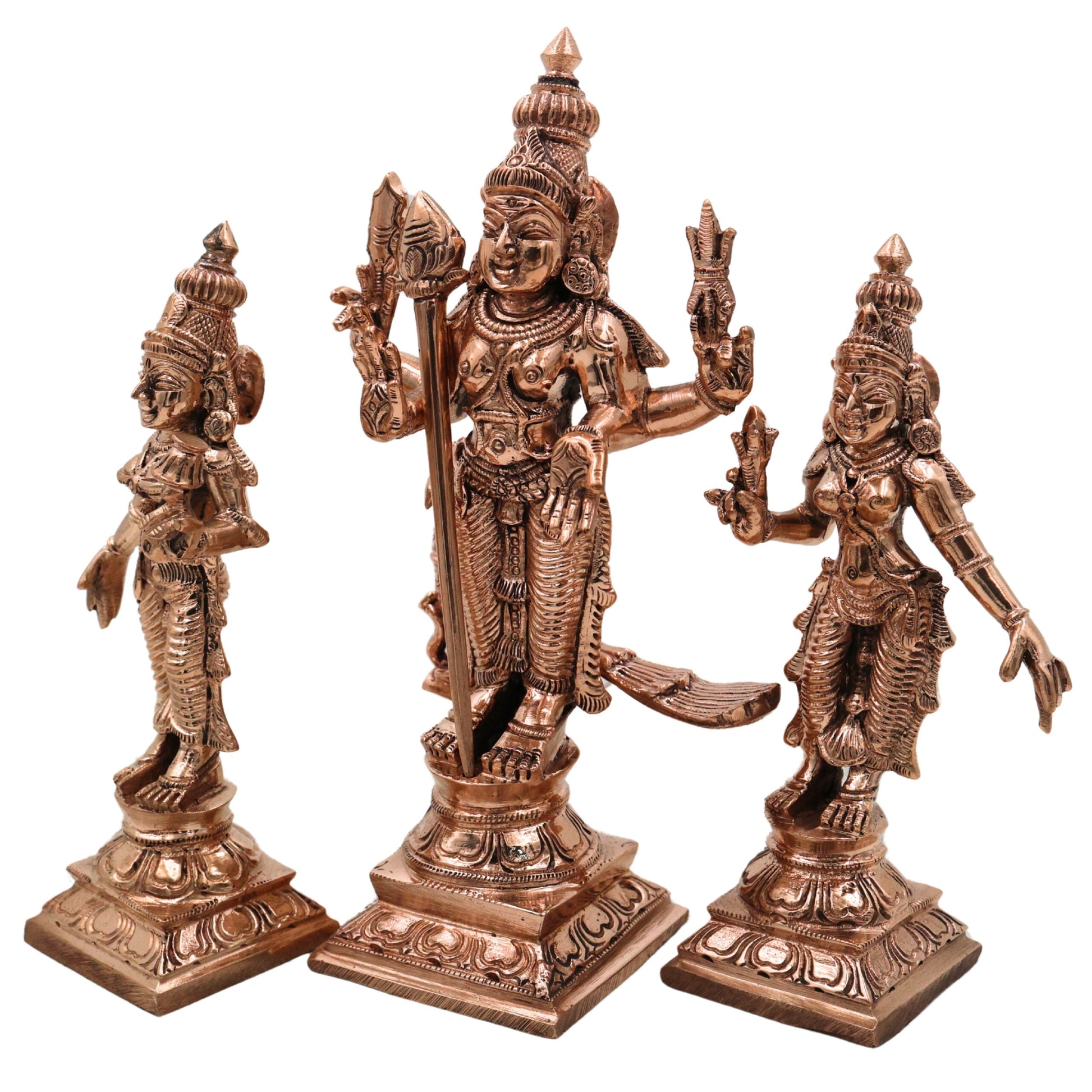 Bronze Panchaloha Murugan Idol with Devasena & Valli – Lord Bronze Panchaloha Murugan IdolVel Murugan Statue – Handcrafted Chola Art Sculpture,Gold, 6.5 Inch, 1 Piece
