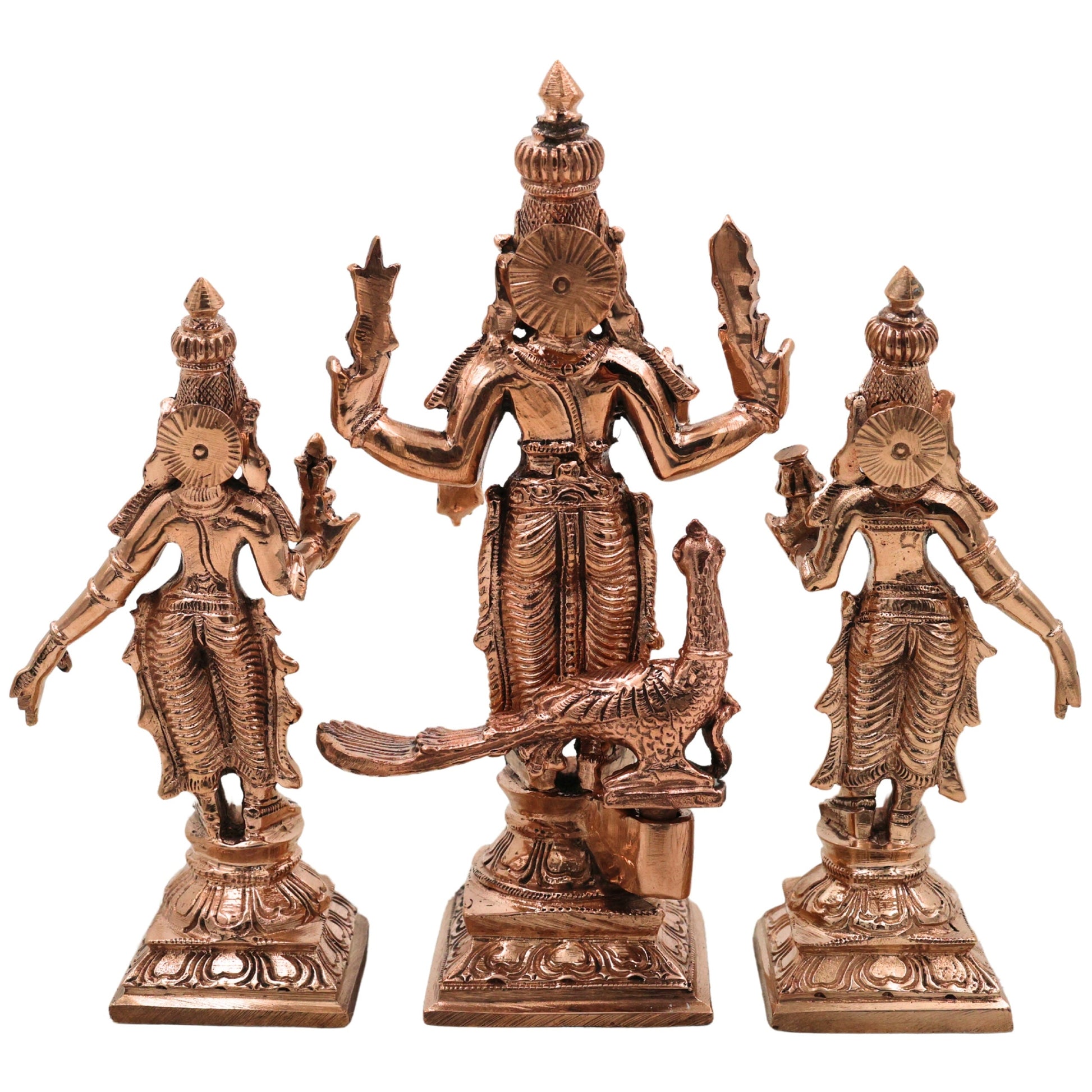 Bronze Panchaloha Murugan Idol with Devasena & Valli – Lord Bronze Panchaloha Murugan IdolVel Murugan Statue – Handcrafted Chola Art Sculpture,Gold, 6.5 Inch, 1 Piece