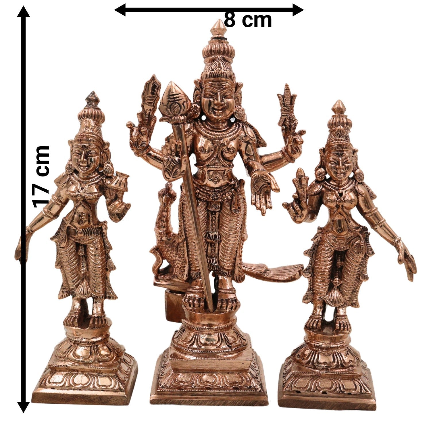 Bronze Panchaloha Murugan Idol with Devasena & Valli – Lord Bronze Panchaloha Murugan IdolVel Murugan Statue – Handcrafted Chola Art Sculpture,Gold, 6.5 Inch, 1 Piece