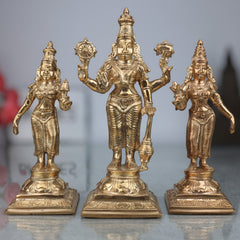 Panchaloha Vishnu Sri Devi Bhu Devi Idol | Bronze Perumal Lakshmi Bhoomi Statue | Handmade Chola Style Vishnu Lakshmi Bhoomi Murti for Home Temple Pooja, Gold, 7.5 Inch