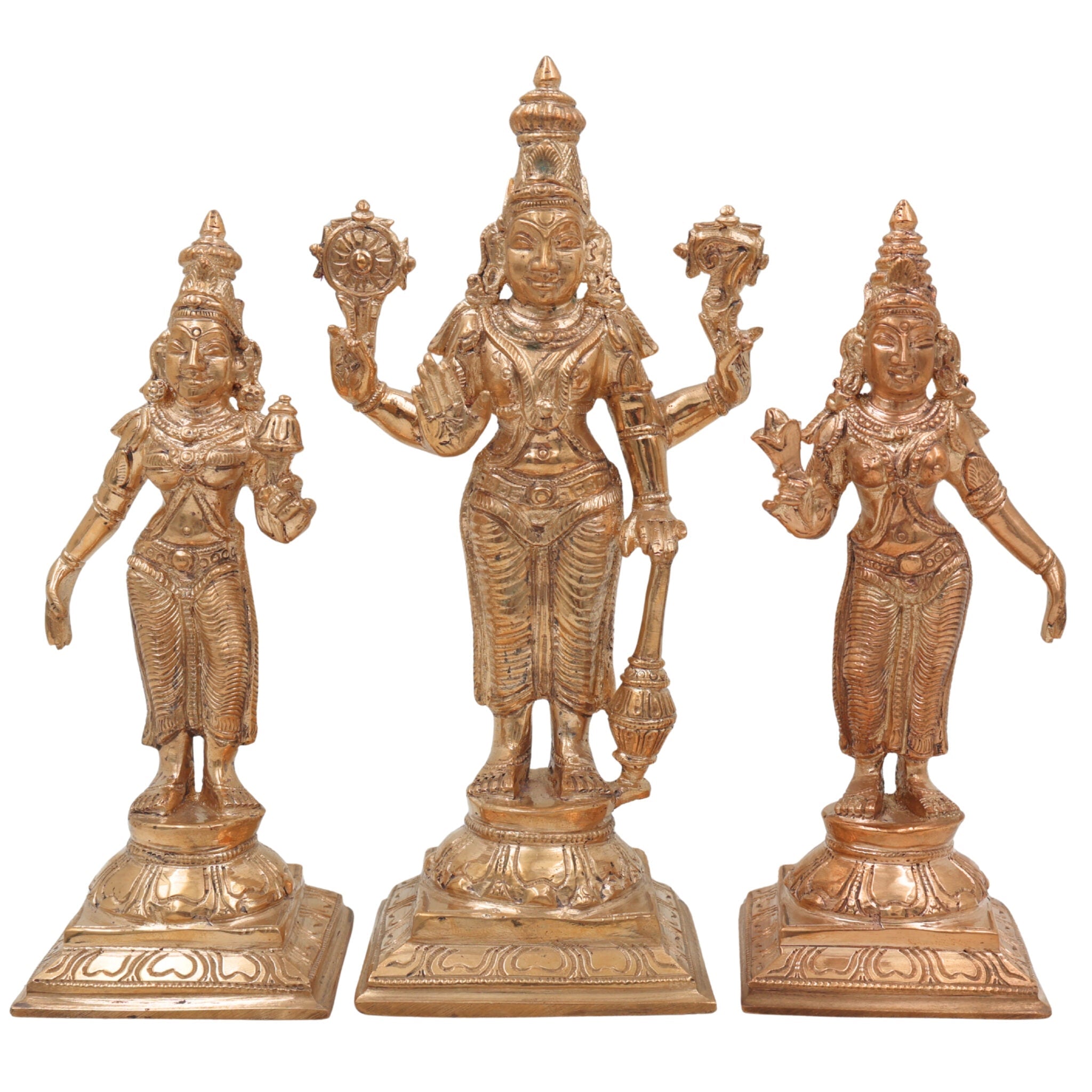Panchaloha Vishnu Sri Devi Bhu Devi Idol | Bronze Perumal Lakshmi Bhoomi Statue | Handmade Chola Style Vishnu Lakshmi Bhoomi Murti for Home Temple Pooja, Gold, 7.5 Inch