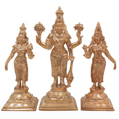 Panchaloha Vishnu Sri Devi Bhu Devi Idol | Bronze Perumal Lakshmi Bhoomi Statue | Handmade Chola Style Vishnu Lakshmi Bhoomi Murti for Home Temple Pooja, Gold, 7.5 Inch