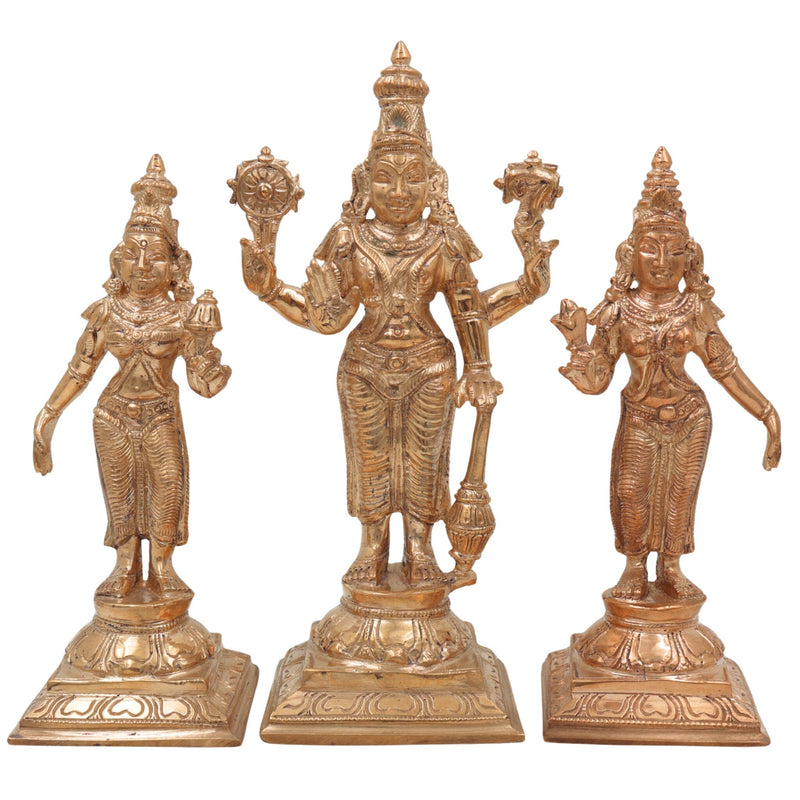 Panchaloha Vishnu Sri Devi Bhu Devi Idol | Bronze Perumal Lakshmi Bhoomi Statue | Handmade Chola Style Vishnu Lakshmi Bhoomi Murti for Home Temple Pooja, Gold, 7.5 Inch