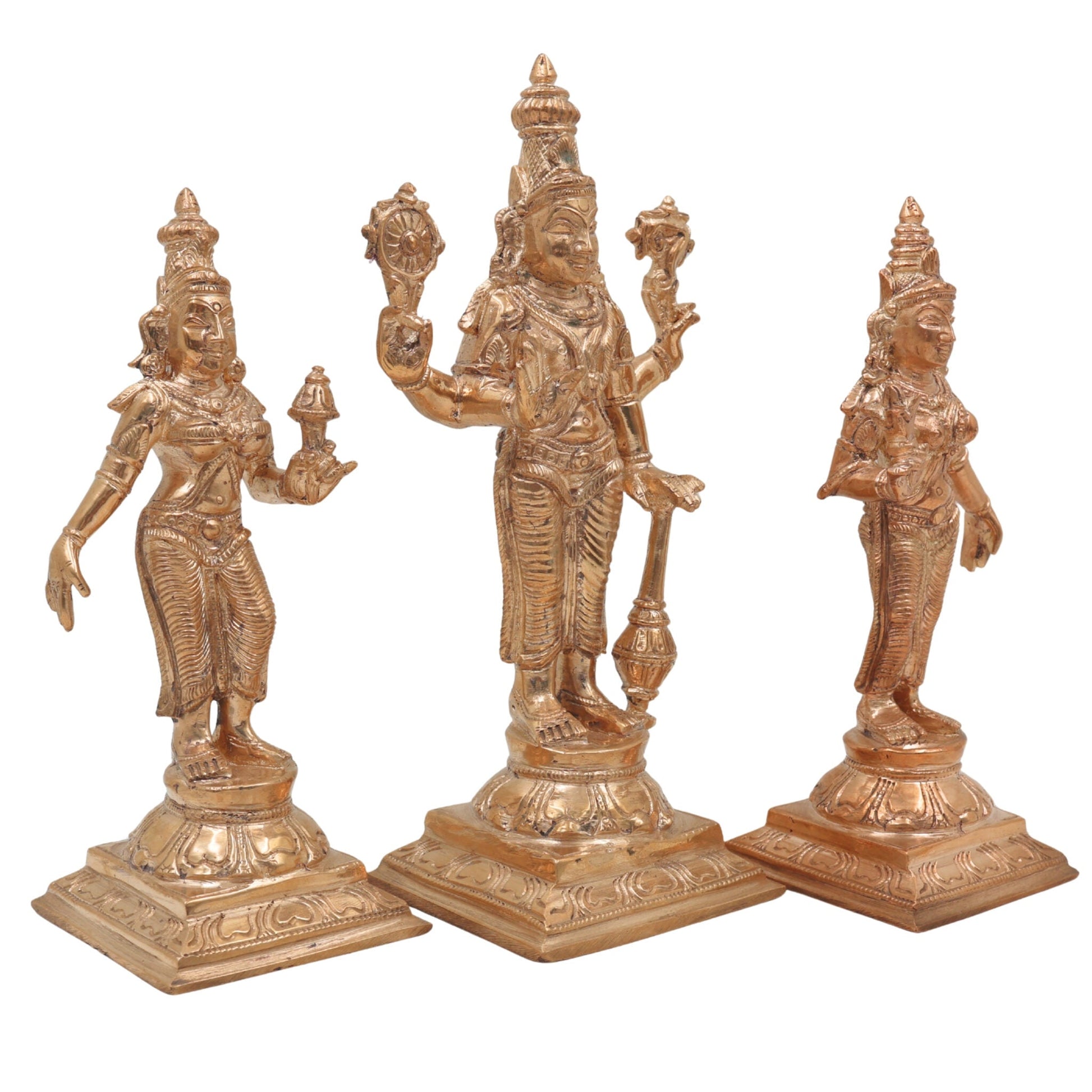 Panchaloha Vishnu Sri Devi Bhu Devi Idol | Bronze Perumal Lakshmi Bhoomi Statue | Handmade Chola Style Vishnu Lakshmi Bhoomi Murti for Home Temple Pooja, Gold, 7.5 Inch