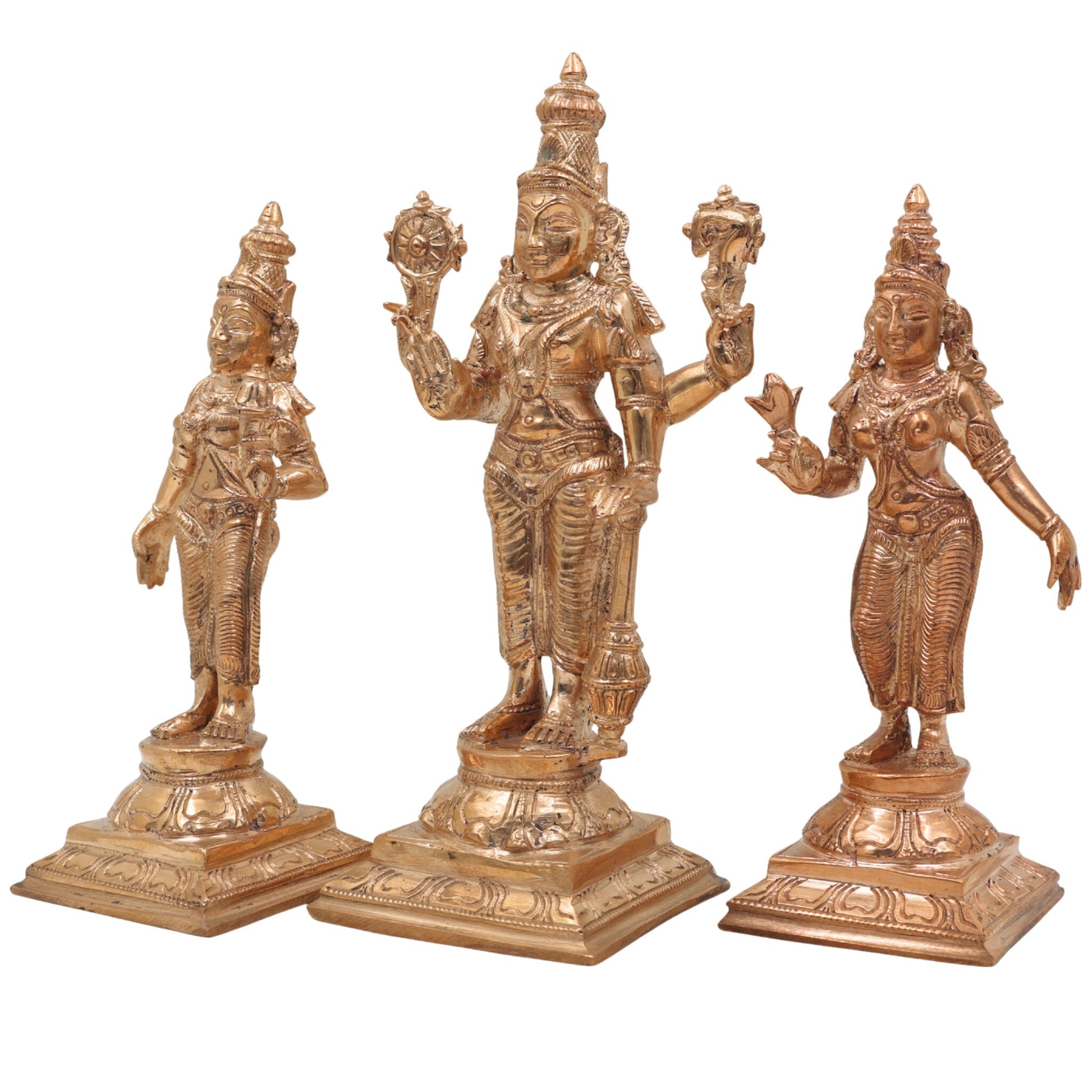 Panchaloha Vishnu Sri Devi Bhu Devi Idol | Bronze Perumal Lakshmi Bhoomi Statue | Handmade Chola Style Vishnu Lakshmi Bhoomi Murti for Home Temple Pooja, Gold, 7.5 Inch