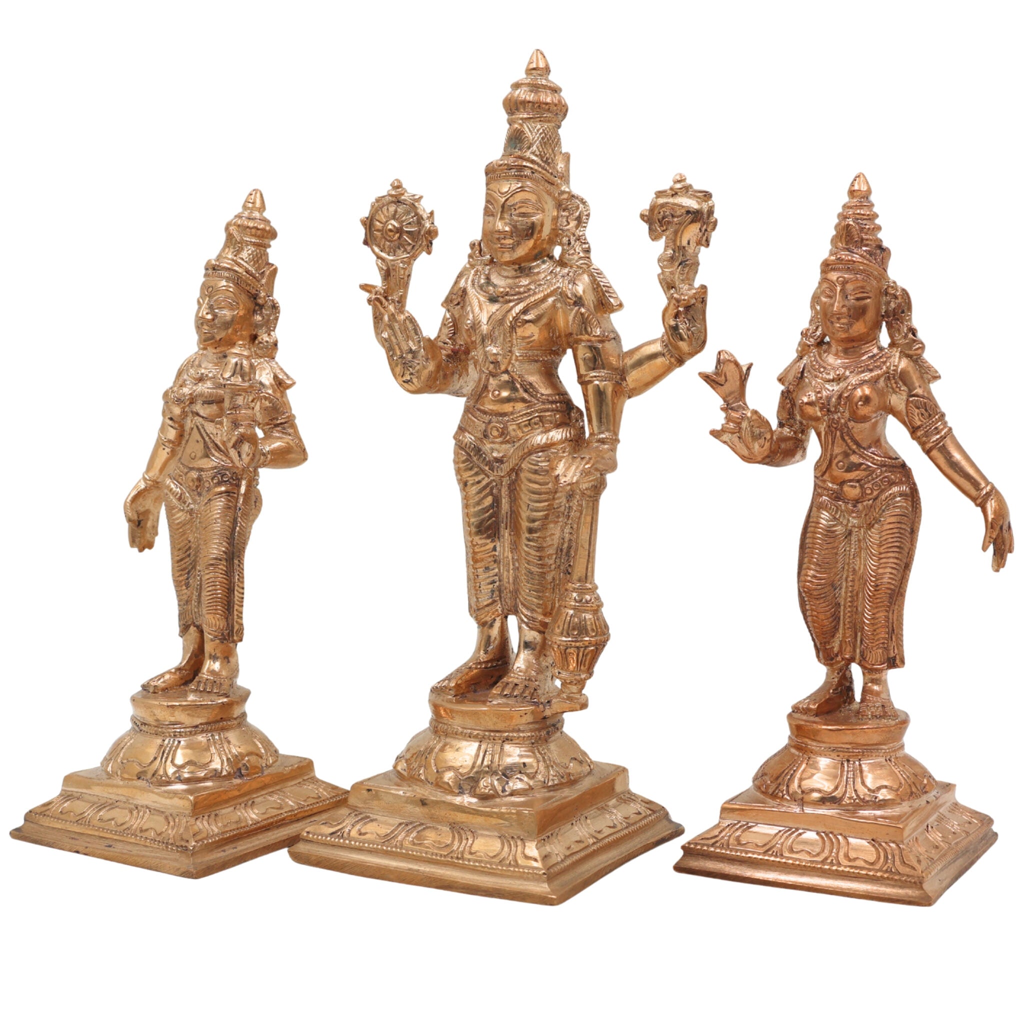 Panchaloha Vishnu Sri Devi Bhu Devi Idol | Bronze Perumal Lakshmi Bhoomi Statue | Handmade Chola Style Vishnu Lakshmi Bhoomi Murti for Home Temple Pooja, Gold, 7.5 Inch