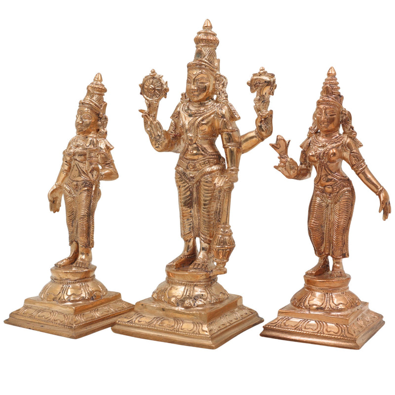 Panchaloha Vishnu Sri Devi Bhu Devi Idol | Bronze Perumal Lakshmi Bhoomi Statue | Handmade Chola Style Vishnu Lakshmi Bhoomi Murti for Home Temple Pooja, Gold, 7.5 Inch