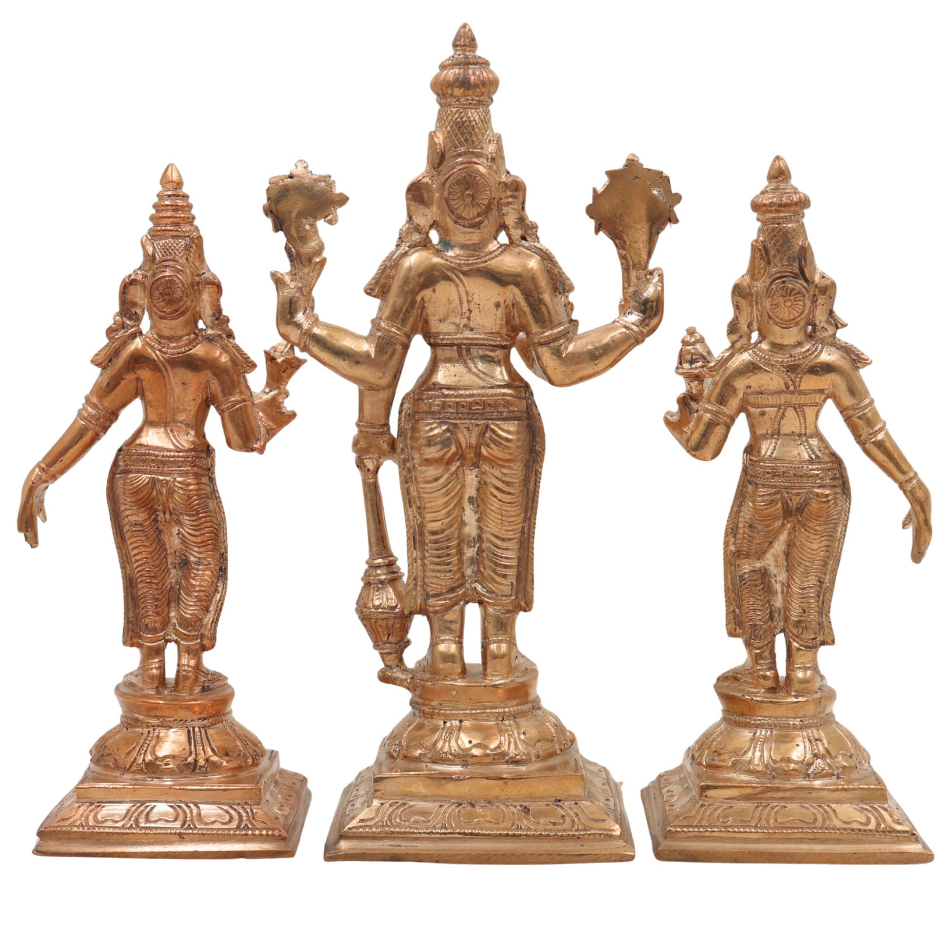 Panchaloha Vishnu Sri Devi Bhu Devi Idol | Bronze Perumal Lakshmi Bhoomi Statue | Handmade Chola Style Vishnu Lakshmi Bhoomi Murti for Home Temple Pooja, Gold, 7.5 Inch