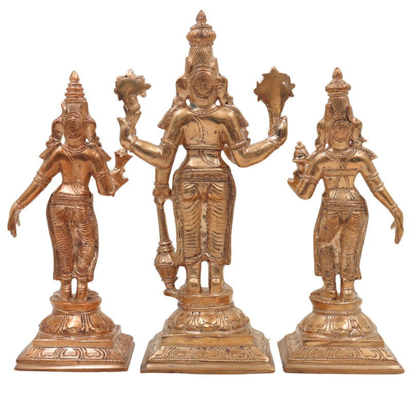 Panchaloha Vishnu Sri Devi Bhu Devi Idol | Bronze Perumal Lakshmi Bhoomi Statue | Handmade Chola Style Vishnu Lakshmi Bhoomi Murti for Home Temple Pooja, Gold, 7.5 Inch