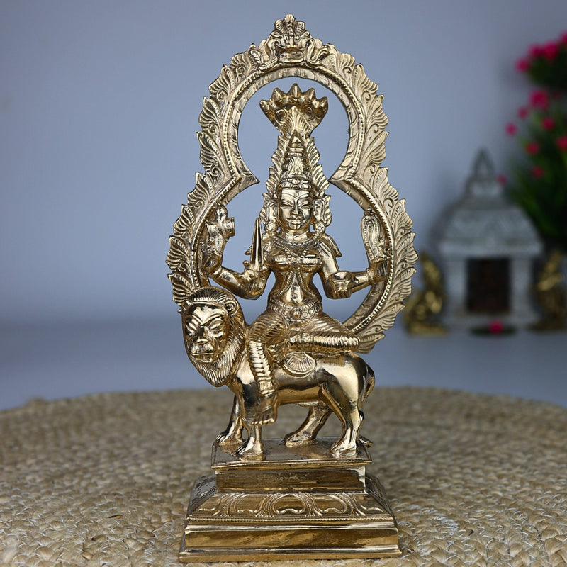 Bronze Panchaloha Mariyamma Sitting On Lion – Adhi Shakti Idol | Chola Art Divine Goddess Sculpture,Gold, 9 Inch, 1 Piece
