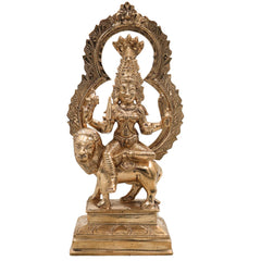 Bronze Panchaloha Mariyamma Sitting On Lion – Adhi Shakti Idol | Chola Art Divine Goddess Sculpture,Gold, 9 Inch, 1 Piece