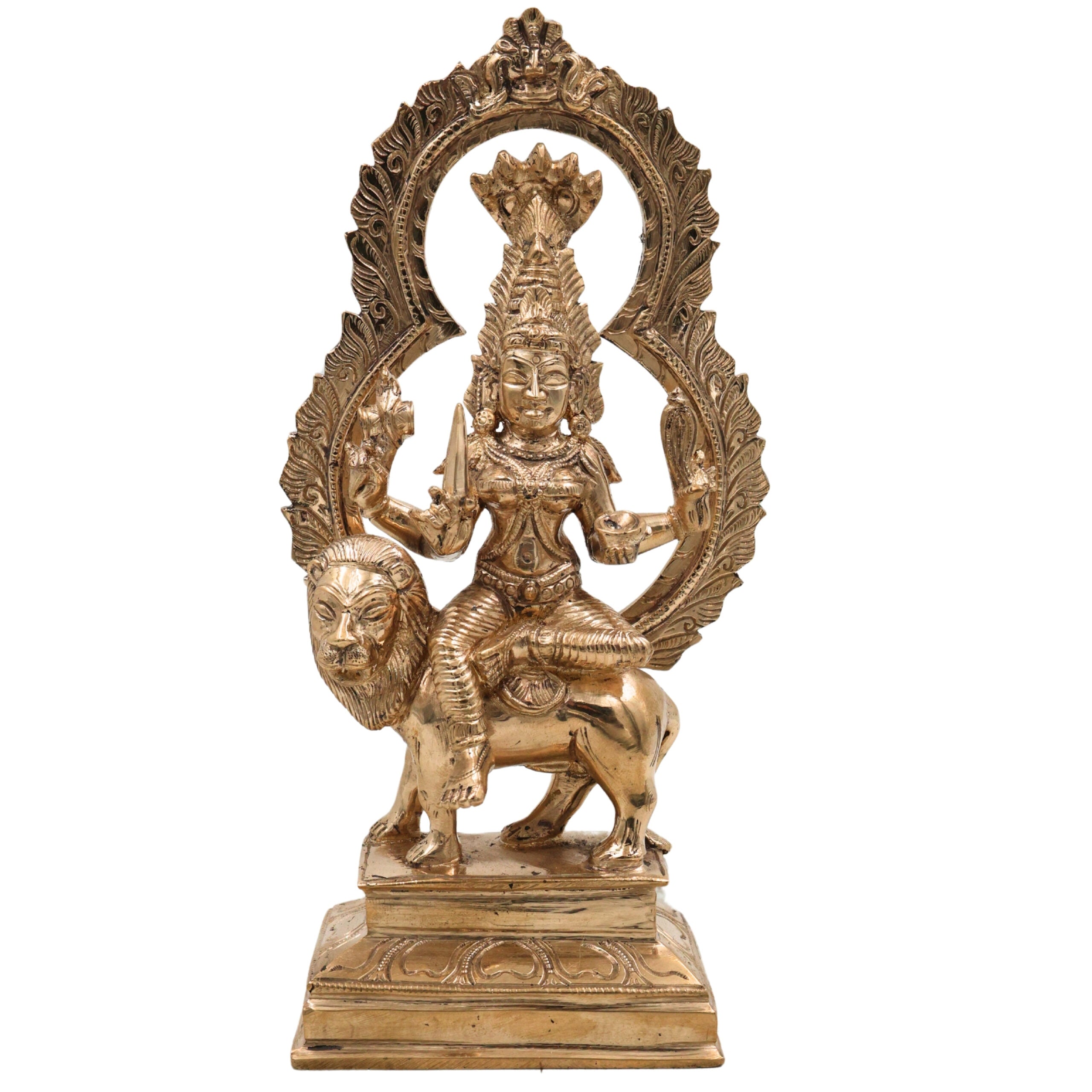 Bronze Panchaloha Mariyamma Sitting On Lion – Adhi Shakti Idol | Chola Art Divine Goddess Sculpture,Gold, 9 Inch, 1 Piece