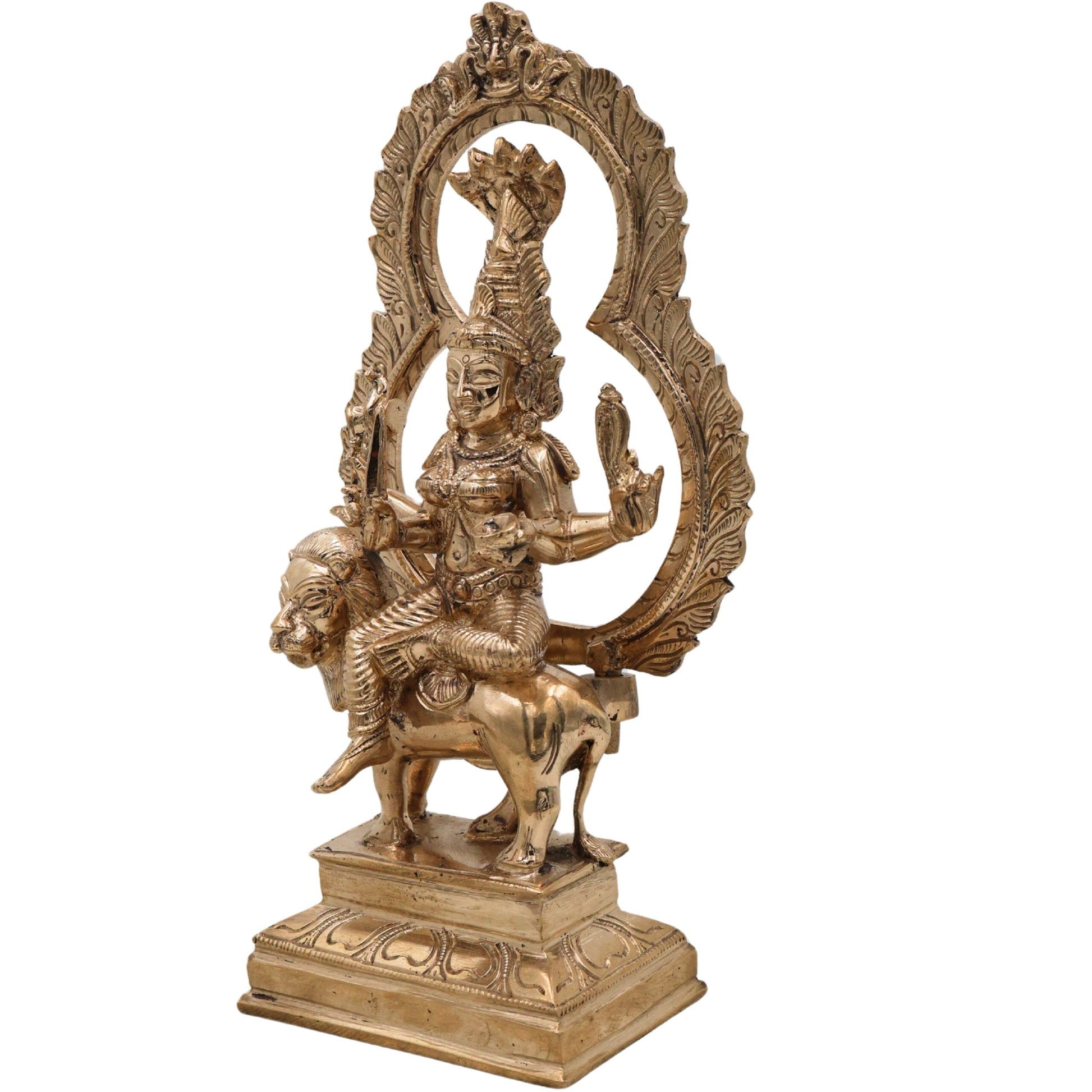 Bronze Panchaloha Mariyamma Sitting On Lion – Adhi Shakti Idol | Chola Art Divine Goddess Sculpture,Gold, 9 Inch, 1 Piece