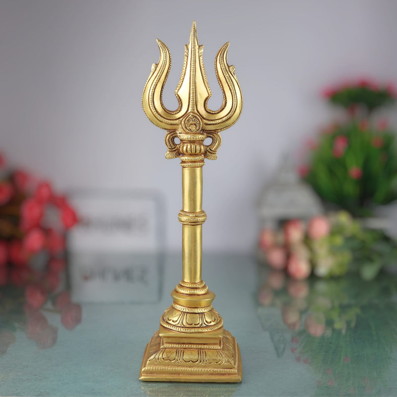 Bronze Panchaloha Trishul, Handcrafted Chola Art Lord Shiva Trishool, Mahadev Rudra Kailash Trident Sculpture for Temple, Vastu & Home Décor,Gold, 12 Inch, 1 Piece