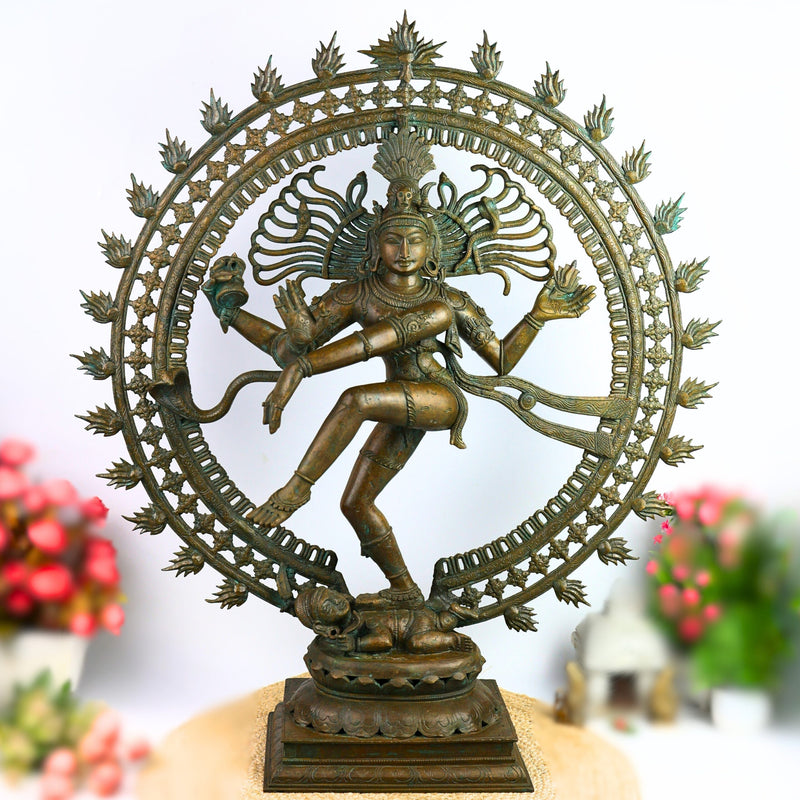 Bronze Panchaloha Nataraja Idol | Chola Art Dancing Shiva Cosmic Ananda Tandava Murti Statue | South Indian Temple Sculpture,Brown, 34 Inch, 1 Piece