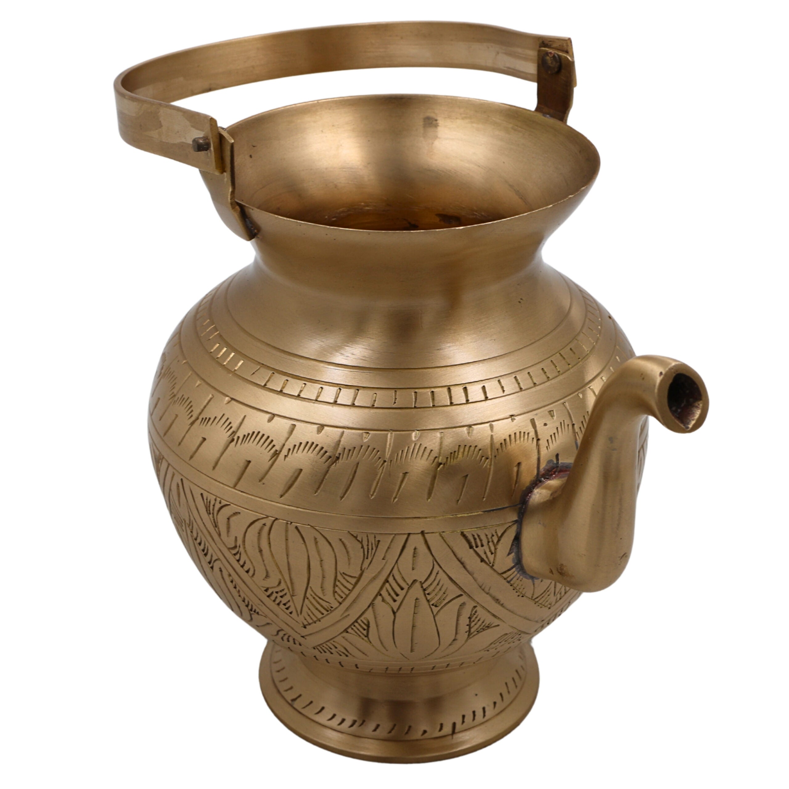 Bhunes Brass Kamandal With Hand Carving Traditional Brass Kamandalu, Sacred Brass Holy Water Pot, 1 Litre, Gold, 6.5 Inch, 1 Piece