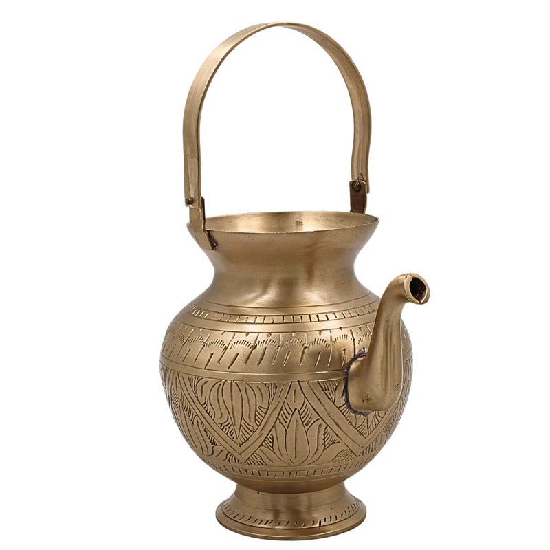 Bhunes Brass Kamandal With Hand Carving Traditional Brass Kamandalu, Sacred Brass Holy Water Pot, 1 Litre, Gold, 6.5 Inch, 1 Piece