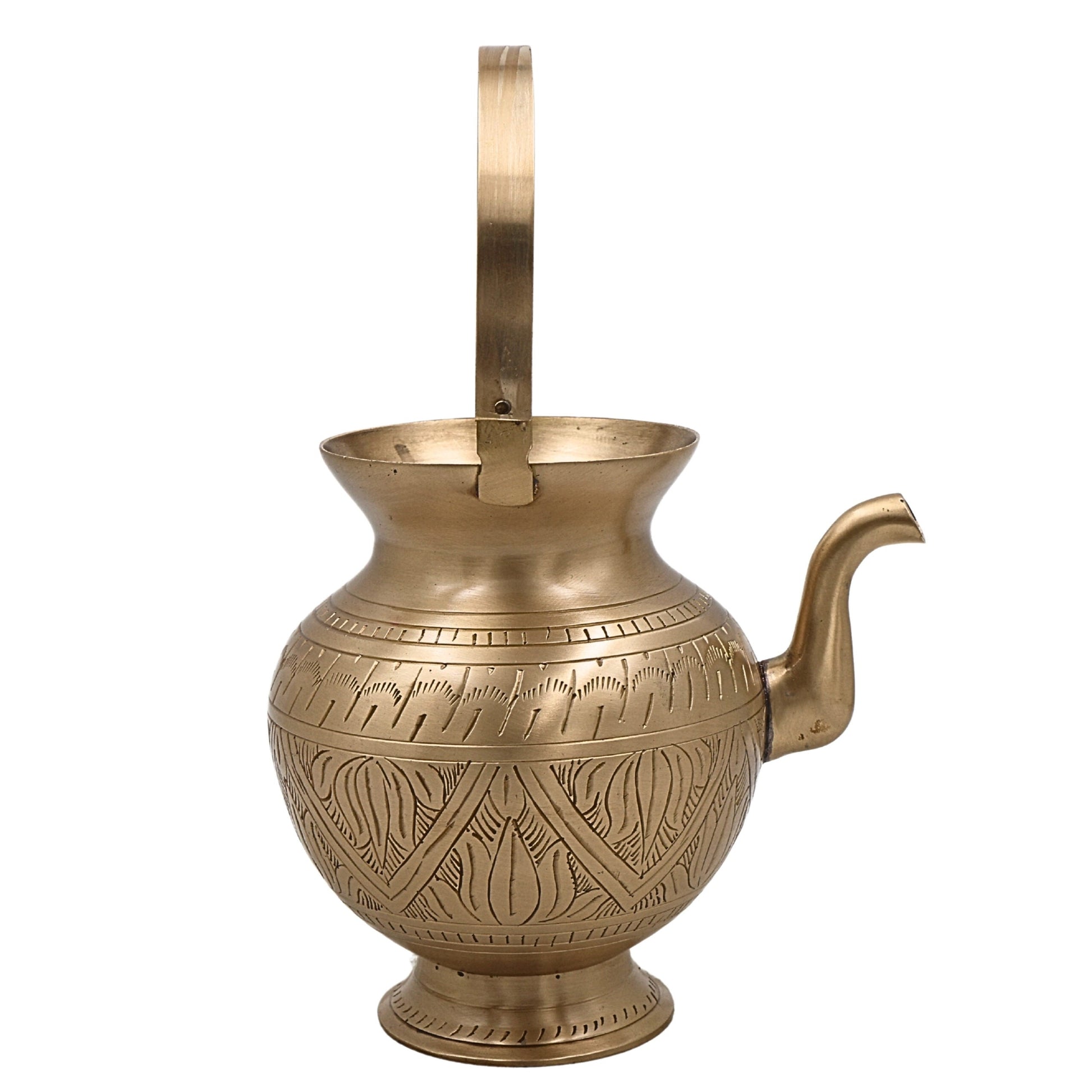 Bhunes Brass Kamandal With Hand Carving Traditional Brass Kamandalu, Sacred Brass Holy Water Pot, 1 Litre, Gold, 6.5 Inch, 1 Piece