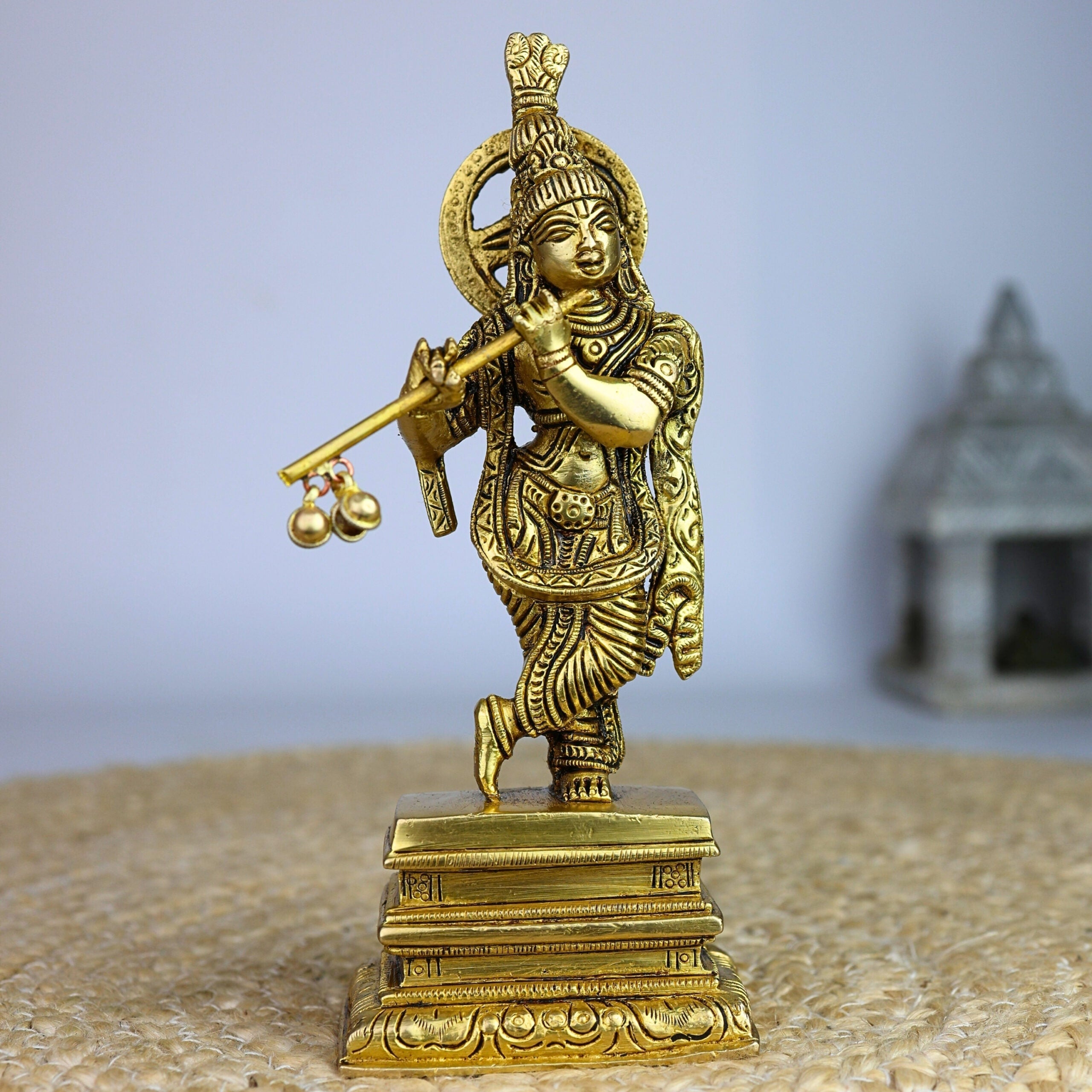 Bhunes Brass Krishna Sculpture – Exquisite Standing Handcrafted Krishna Idol for Home and Temple Decor, Gold, 6.5 Inch, 1 Piece