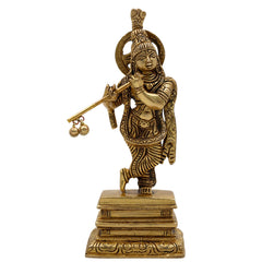 Bhunes Brass Krishna Sculpture – Exquisite Standing Handcrafted Krishna Idol for Home and Temple Decor, Gold, 6.5 Inch, 1 Piece