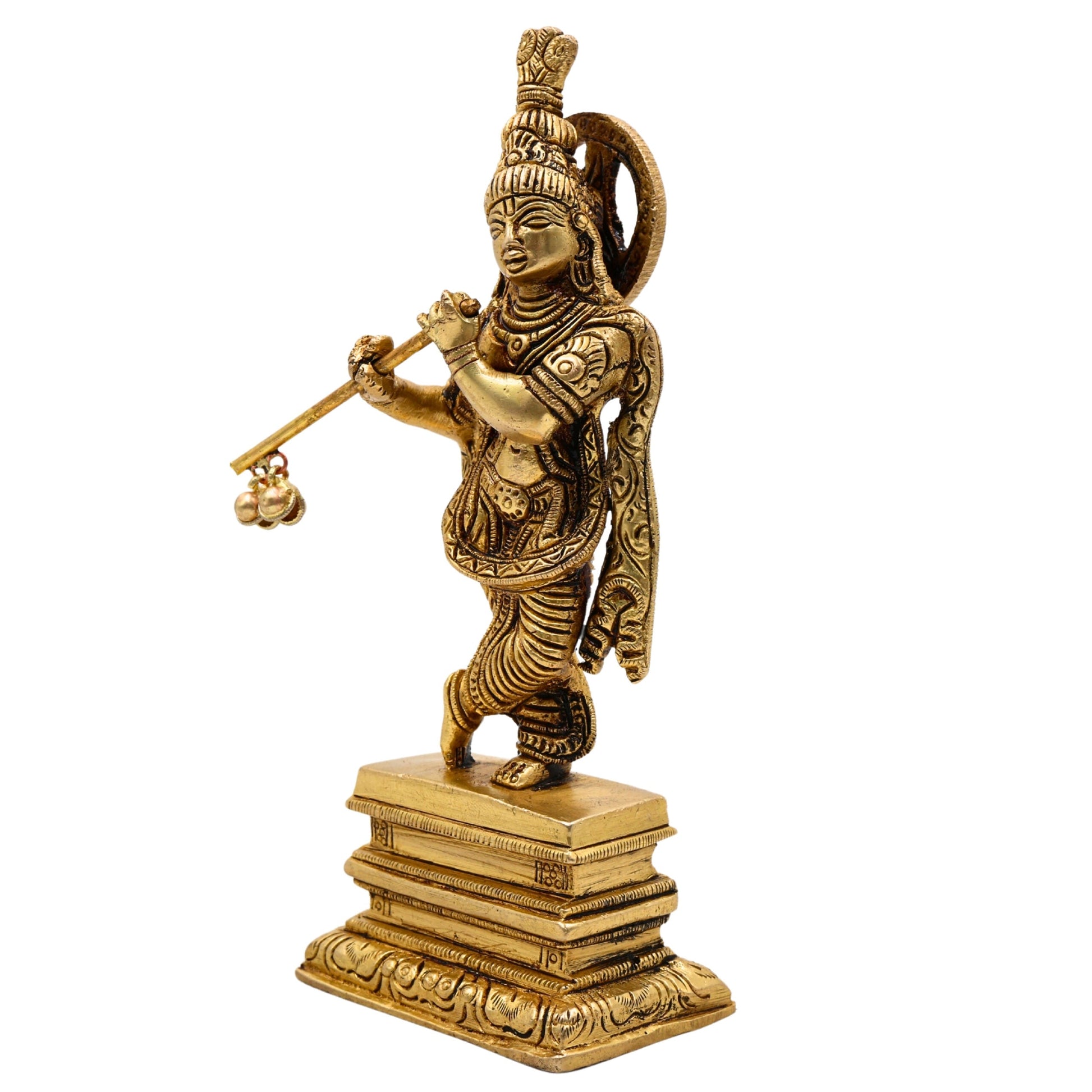 Bhunes Brass Krishna Sculpture – Exquisite Standing Handcrafted Krishna Idol for Home and Temple Decor, Gold, 6.5 Inch, 1 Piece