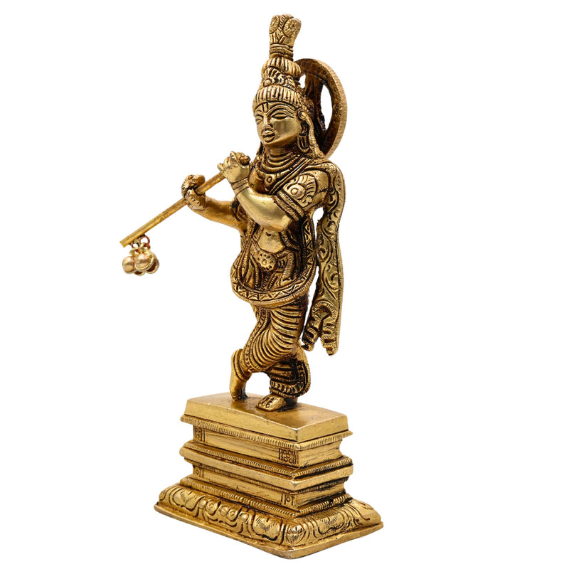 Bhunes Brass Krishna Sculpture – Exquisite Standing Handcrafted Krishna Idol for Home and Temple Decor, Gold, 6.5 Inch, 1 Piece