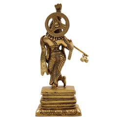 Bhunes Brass Krishna Sculpture – Exquisite Standing Handcrafted Krishna Idol for Home and Temple Decor, Gold, 6.5 Inch, 1 Piece