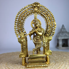 Bhunes Brass Krishna Idol | Handcrafted Govinda Murti for Home & Pooja Room Decor Prabhavali, Gold, 8 Inch, 1 Piece