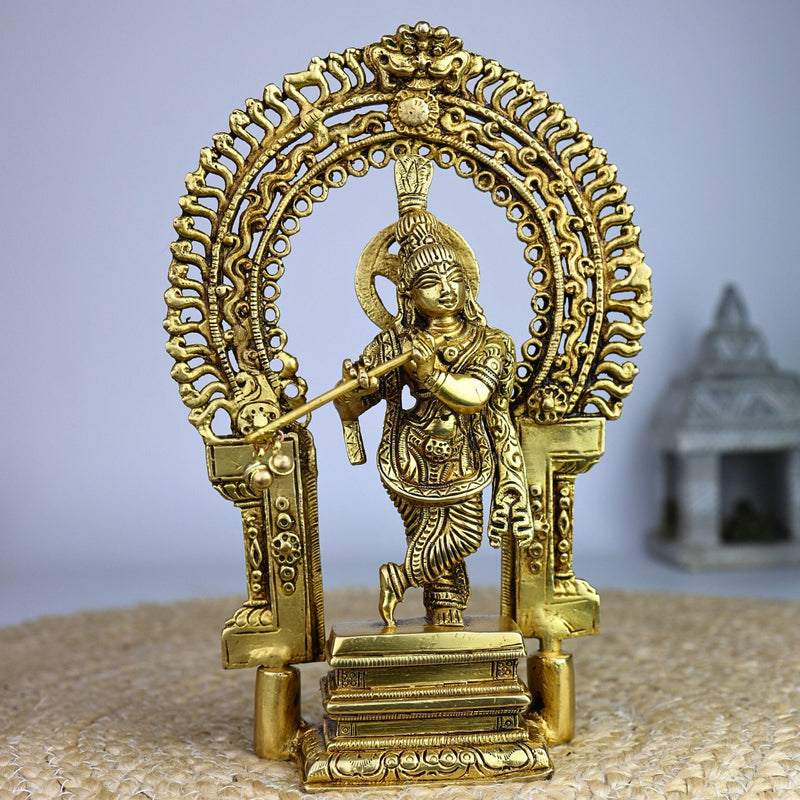 Bhunes Brass Krishna Idol | Handcrafted Govinda Murti for Home & Pooja Room Decor Prabhavali, Gold, 8 Inch, 1 Piece