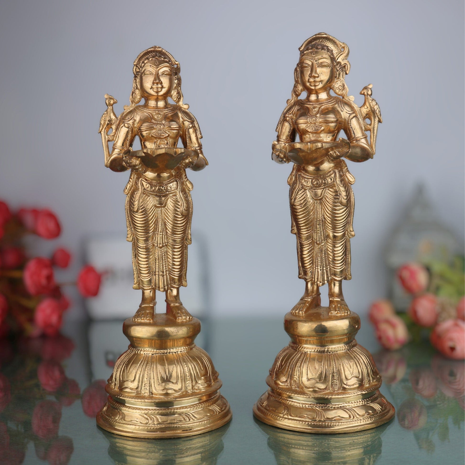 Premium Bronze Panchaloha deepa Lakshmi Idol Set of 2 | Handcrafted Deep Lakshmi Sculptures | Hindu Goddess of Wealth Home Temple Decor, Set Of 2, Gold, 11 Inch, 2 Piece