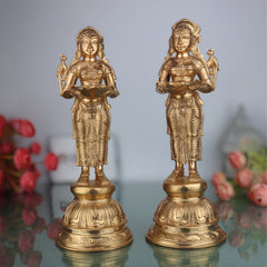 Premium Bronze Panchaloha deepa Lakshmi Idol Set of 2 | Handcrafted Deep Lakshmi Sculptures | Hindu Goddess of Wealth Home Temple Decor, Set Of 2, Gold, 11 Inch, 2 Piece