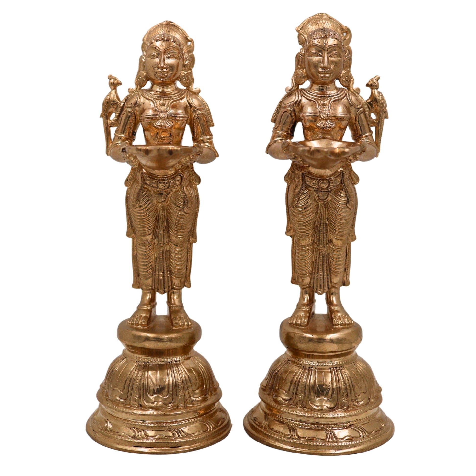 Premium Bronze Panchaloha deepa Lakshmi Idol Set of 2 | Handcrafted Deep Lakshmi Sculptures | Hindu Goddess of Wealth Home Temple Decor, Set Of 2, Gold, 11 Inch, 2 Piece