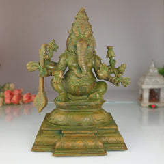 Bronze Narasimha Ganapati Idol, Handmade Panchaloha Sculpture, Chola Art Lost Wax Casting, South Indian Simha Ganesha Murti, Brown, 33 Cm