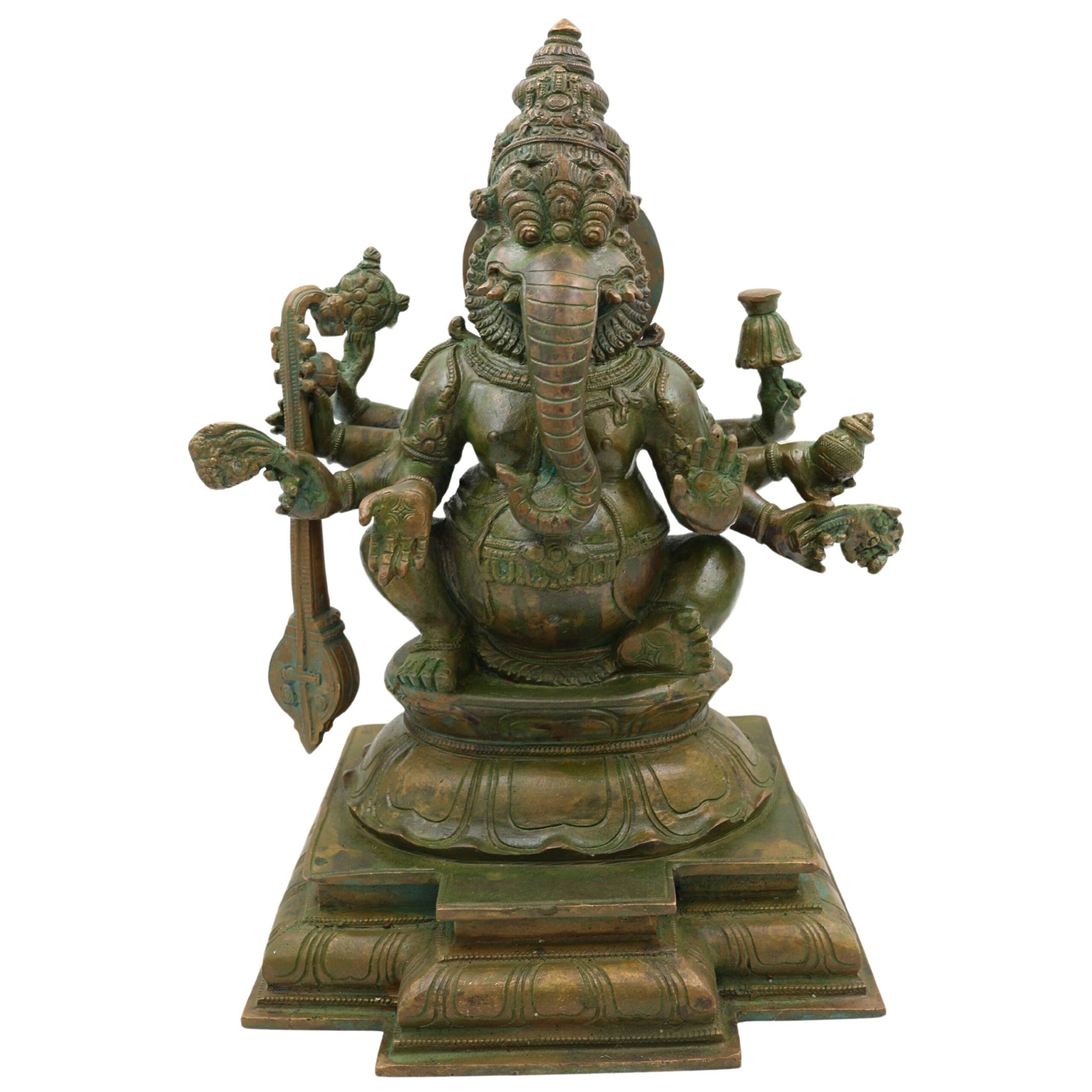 Bronze Narasimha Ganapati Idol, Handmade Panchaloha Sculpture, Chola Art Lost Wax Casting, South Indian Simha Ganesha Murti, Brown, 33 Cm