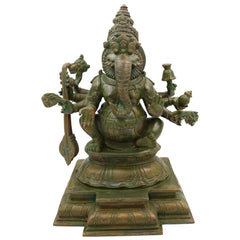 Bronze Narasimha Ganapati Idol, Handmade Panchaloha Sculpture, Chola Art Lost Wax Casting, South Indian Simha Ganesha Murti, Brown, 33 Cm