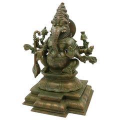 Bronze Narasimha Ganapati Idol, Handmade Panchaloha Sculpture, Chola Art Lost Wax Casting, South Indian Simha Ganesha Murti, Brown, 33 Cm