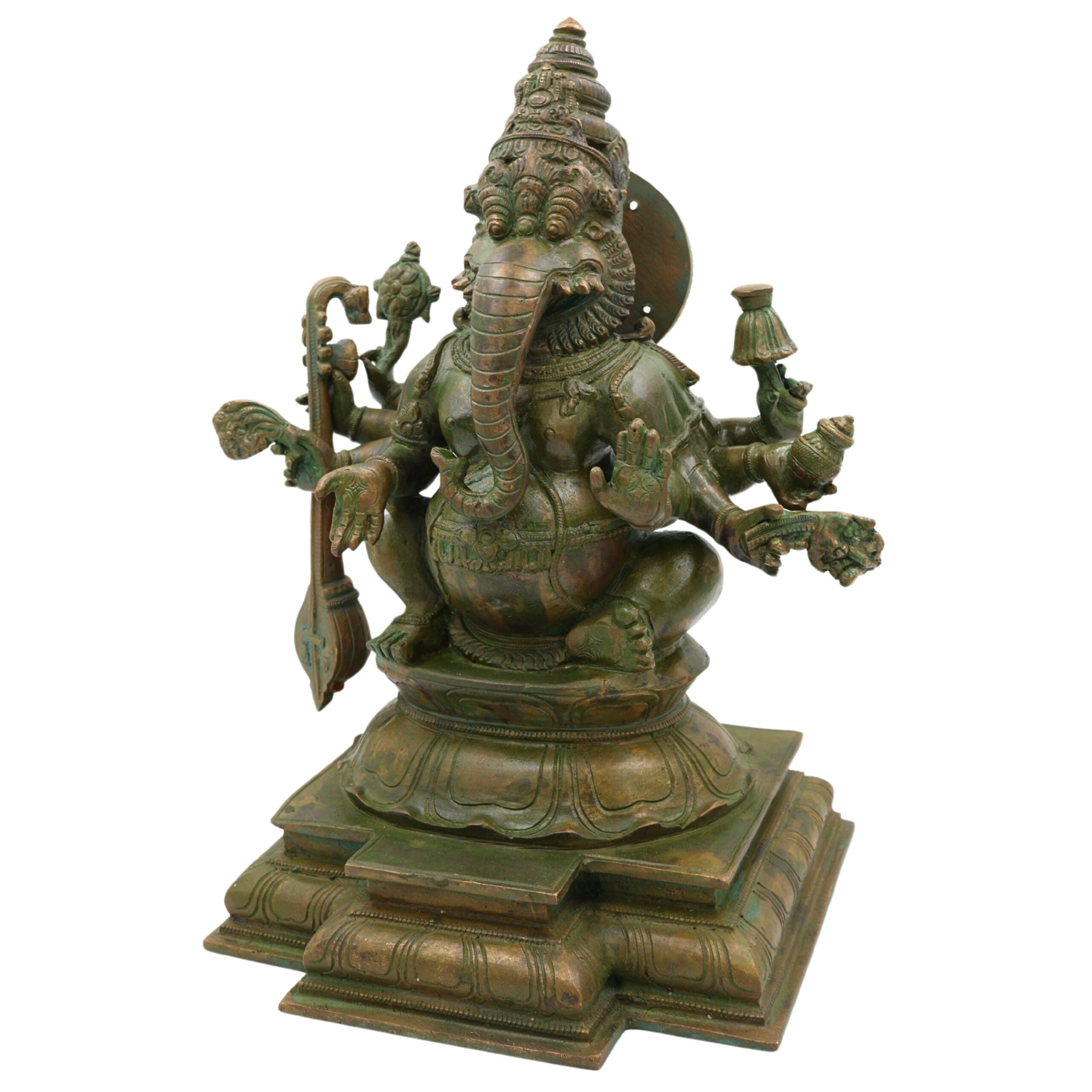 Bronze Narasimha Ganapati Idol, Handmade Panchaloha Sculpture, Chola Art Lost Wax Casting, South Indian Simha Ganesha Murti, Brown, 33 Cm