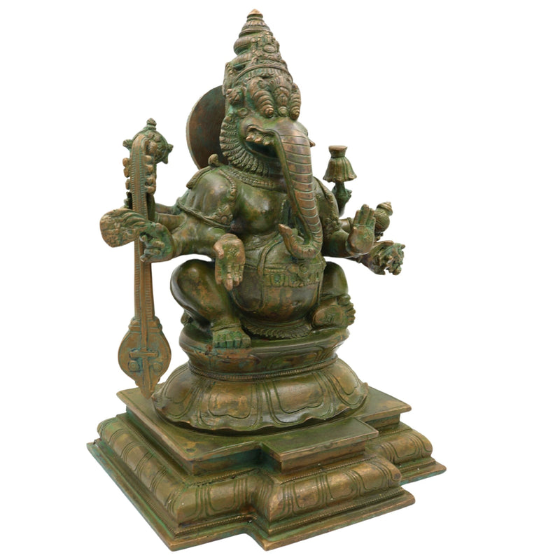 Bronze Narasimha Ganapati Idol, Handmade Panchaloha Sculpture, Chola Art Lost Wax Casting, South Indian Simha Ganesha Murti, Brown, 33 Cm