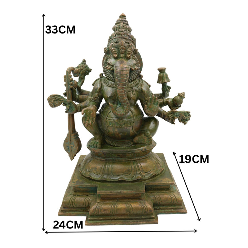 Bronze Narasimha Ganapati Idol, Handmade Panchaloha Sculpture, Chola Art Lost Wax Casting, South Indian Simha Ganesha Murti, Brown, 33 Cm