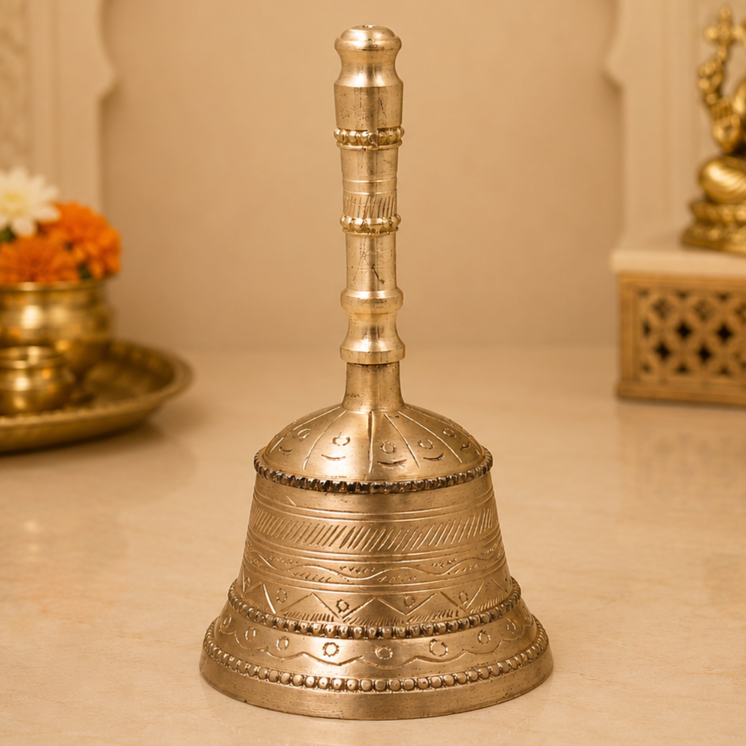 Handcrafted Bronze Pooja Bell, Traditional Ganti \Gandi For Aarti, Temple, Mandir Use – Handmade Panchaloha Ghanti, Gold, 7 Inch, 1 Piece