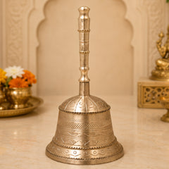 Bronze Handmade Pooja Bell, Traditional Temple Ghanti, Ganta, Mani, Ganti For Aarti & Rituals With Carving, Gold, 7 Inch, 1 Piece