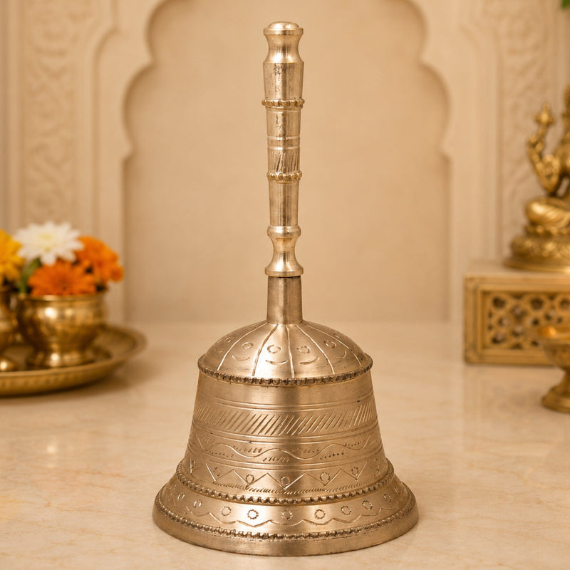 Bronze Handmade Pooja Bell, Traditional Temple Ghanti, Ganta, Mani, Ganti For Aarti & Rituals With Carving, Gold, 7 Inch, 1 Piece