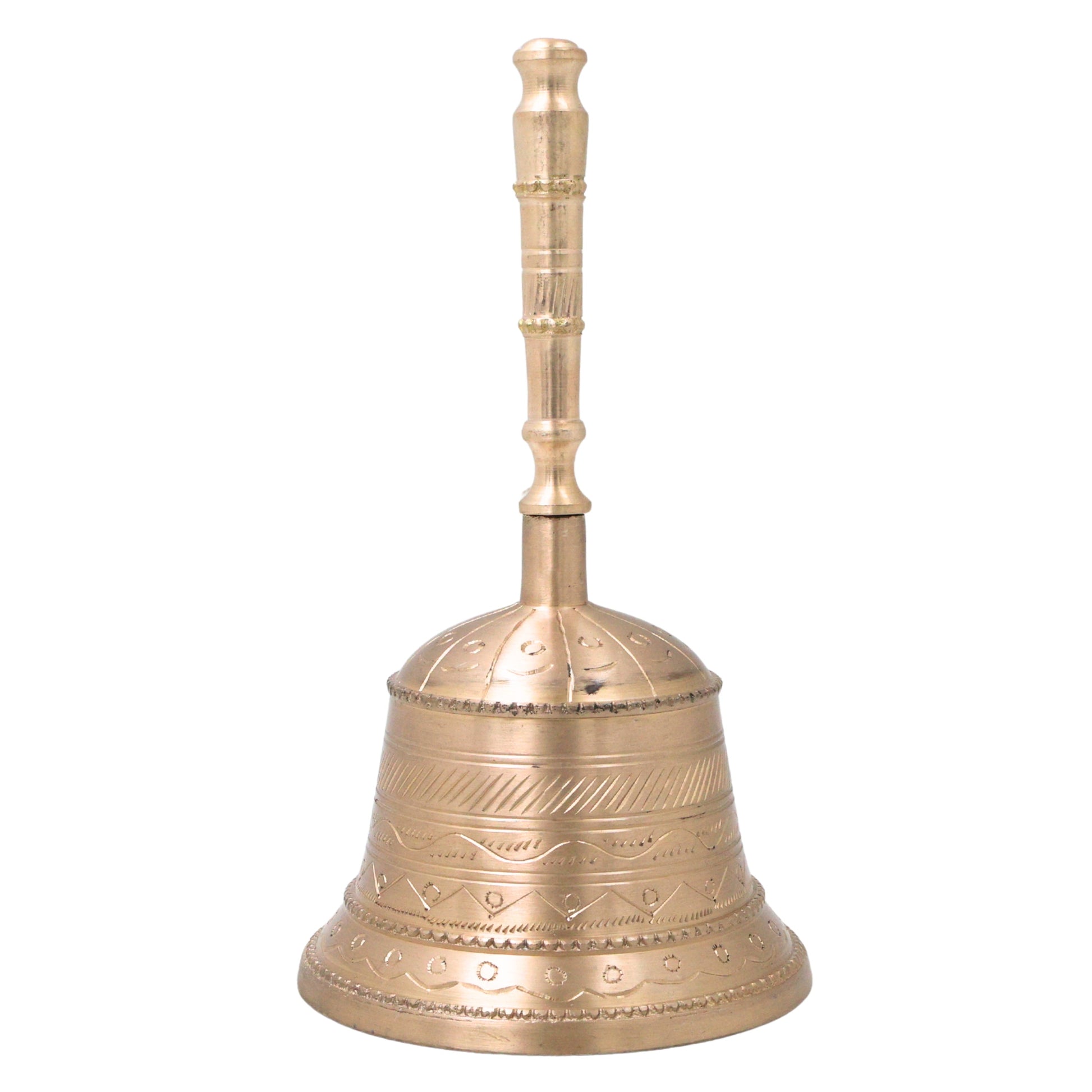 Bronze Handmade Pooja Bell, Traditional Temple Ghanti, Ganta, Mani, Ganti For Aarti & Rituals With Carving, Gold, 7 Inch, 1 Piece