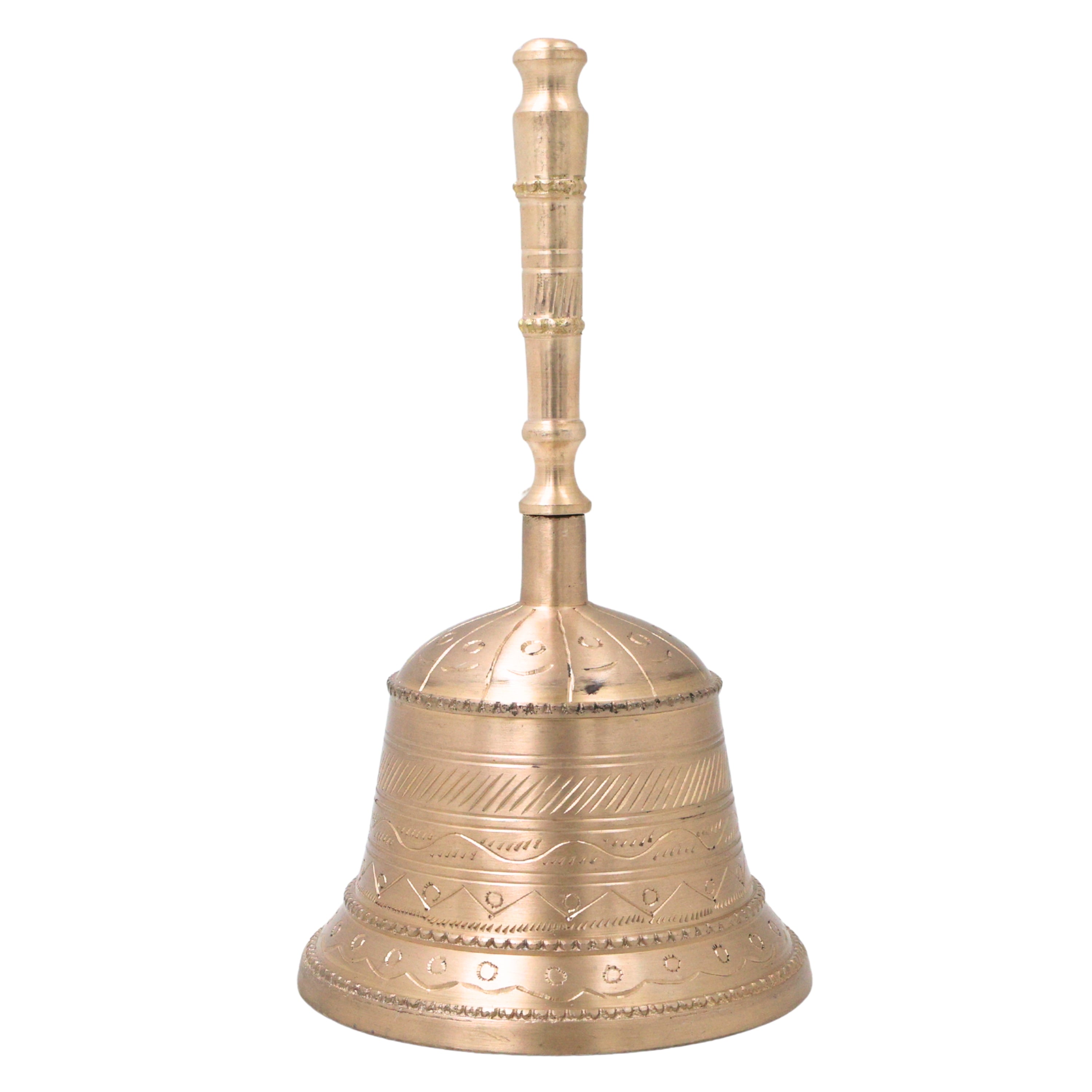 Bronze Handmade Pooja Bell, Traditional Temple Ghanti, Ganta, Mani, Ganti For Aarti & Rituals With Carving, Gold, 7 Inch, 1 Piece