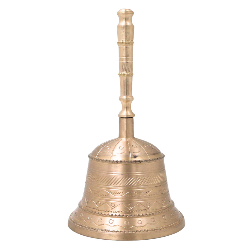Bronze Handmade Pooja Bell, Traditional Temple Ghanti, Ganta, Mani, Ganti For Aarti & Rituals With Carving, Gold, 7 Inch, 1 Piece